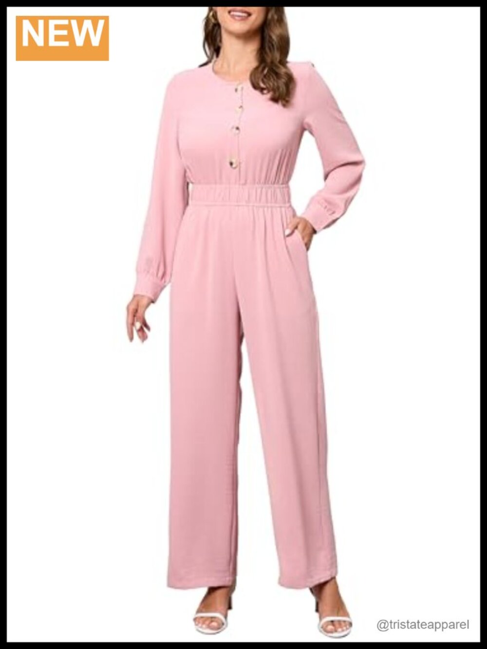 Women's Long Sleeve Button Up Wide Leg Jumpsuit with Pockets Elastic Waist